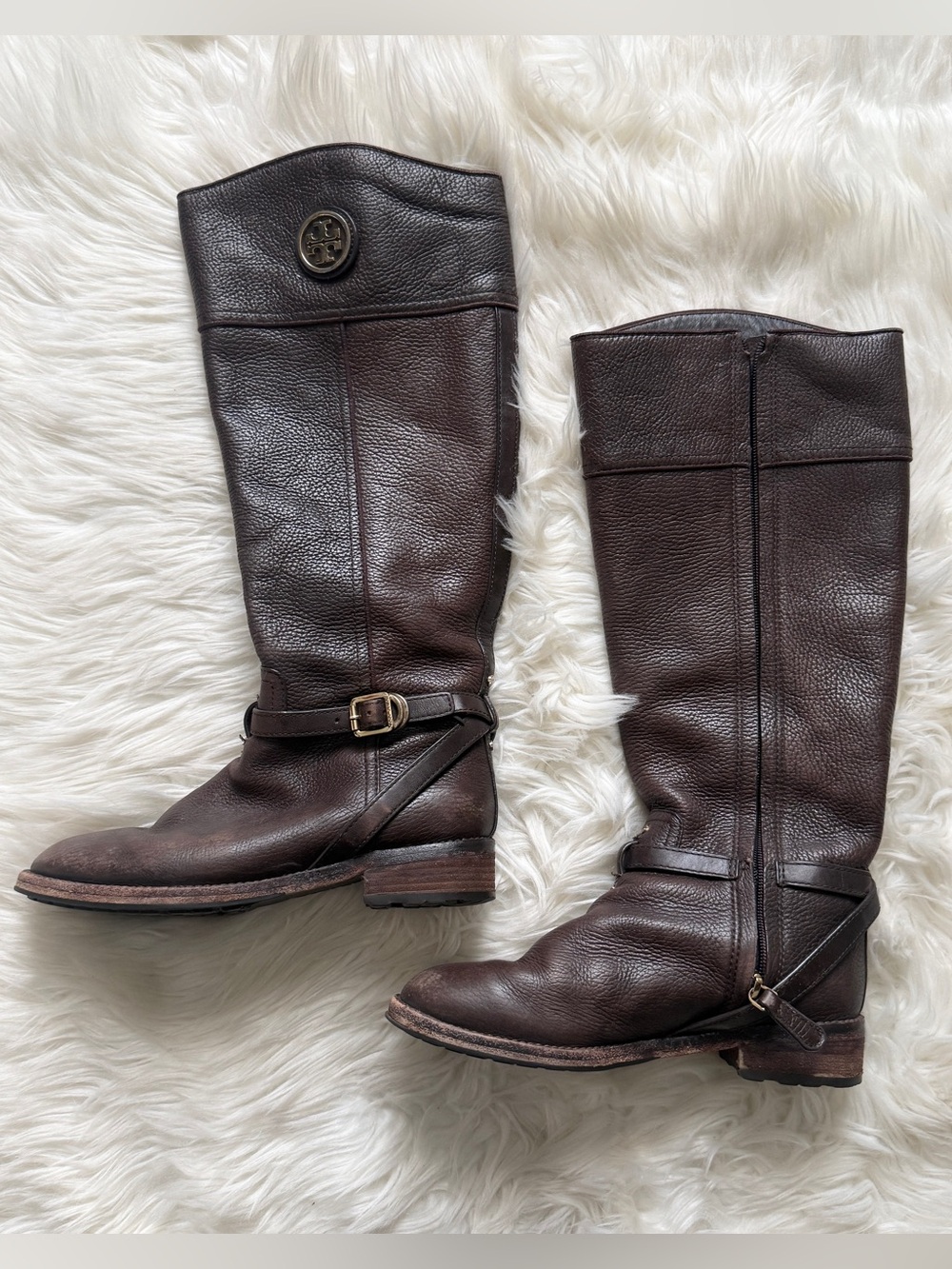 Tory Burch Leather Zip Up Boots Dark Brown